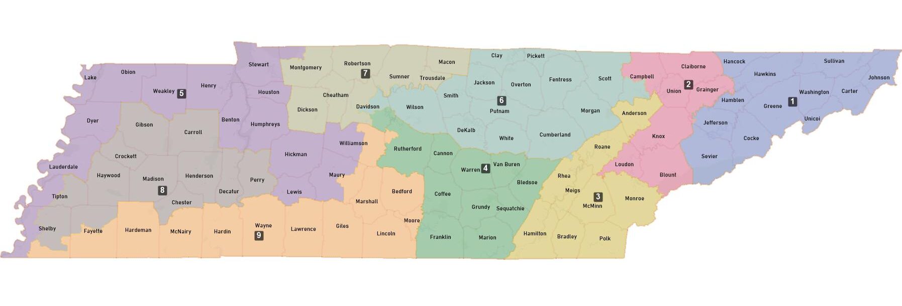 Tennessee 2026 congressional district map showing Shelby County split across the 5th, 8th and 9th districts